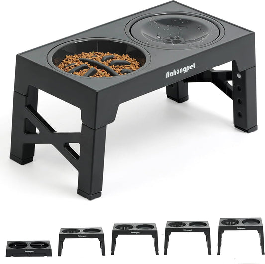 2-in-1 Elevated Slow Feeder Dog Bowls for Food and Water, 5 Heights Adjustable Raised Dog Bowls, Non-Slip, No Spill, for Small Medium Large Dogs and Cats(Grey)