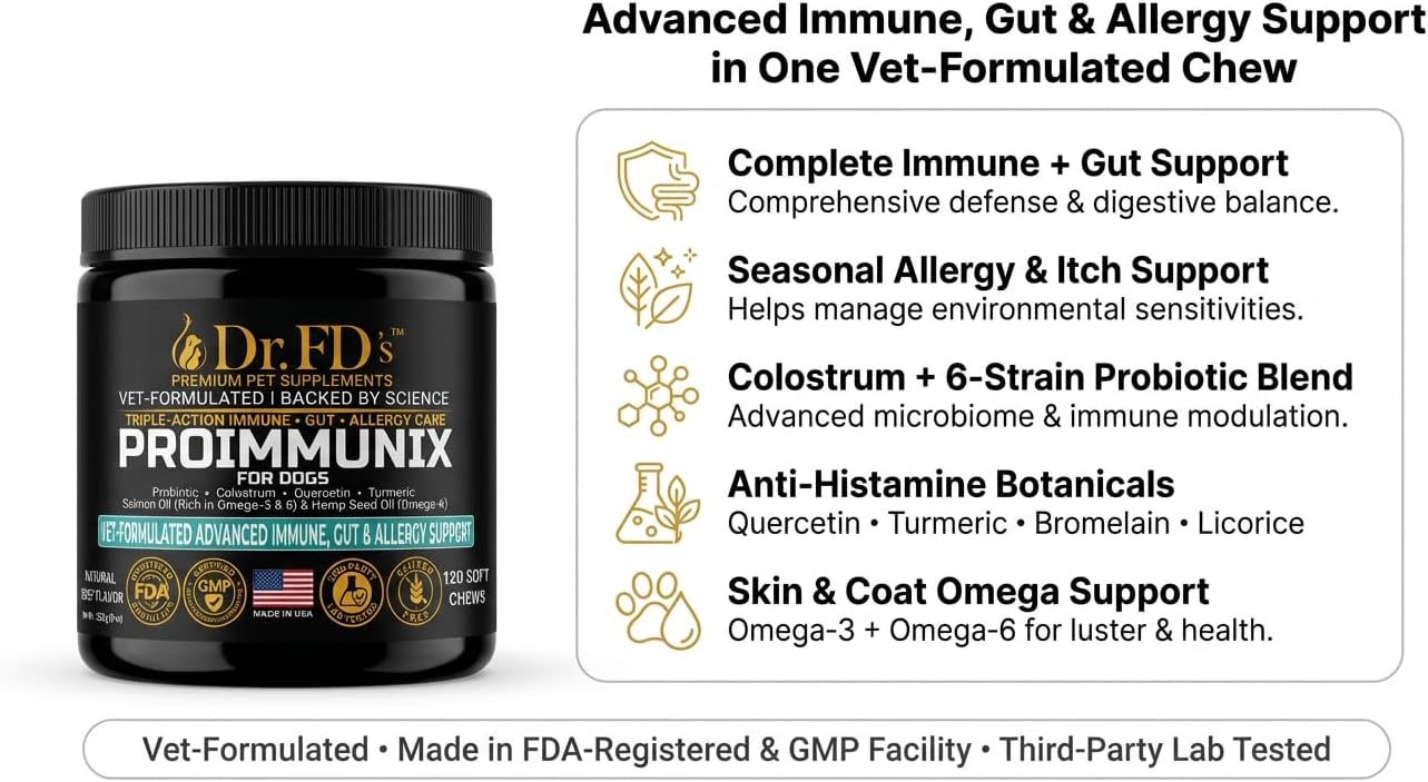 Dr. FD’s ProImmunix – Immune & Allergy Support for Dogs | Probiotic + Colostrum for Gut Health, Seasonal Itch & Skin Comfort | Natural Beef Flavor | 120 Soft Chews