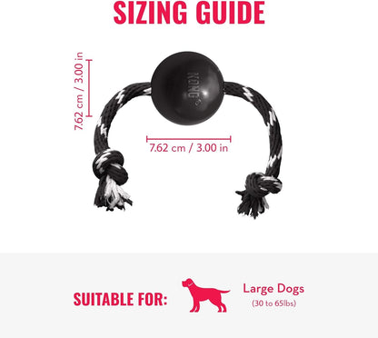 KONG Extreme Ball with Rope - Dog Fetch Toy with Rope for Easy Throwing - Durable Dog Ball Toy for Tug, Playtime & More s Most Durable Natural Rubber - Black - for Large Dogs
