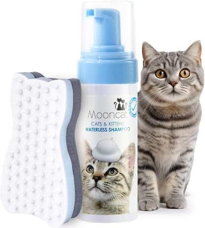 Mooncat Waterless Cat Shampoo with Brush and Dental Finger Wipes Bundle - Licking Safe Dry Foam Bath and Teeth Cleaning Wipes for Grooming and Breath Freshening
