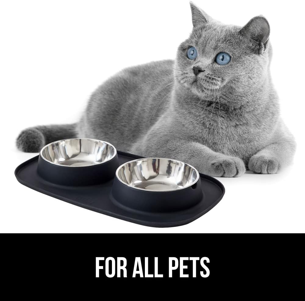 GORILLA GRIP Feeding Mat Set, Patent Pending 100% Waterproof BPA Free Silicone, Stainless Steel Cat and Dog Bowls, Slip Resistant, High Edges Catch Water Food, US Designed Pet Accessories, 2 Cup Black