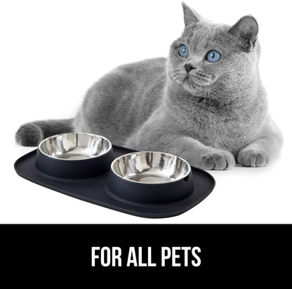 GORILLA GRIP Feeding Mat Set, Patent Pending 100% Waterproof BPA Free Silicone, Stainless Steel Cat and Dog Bowls, Slip Resistant, High Edges Catch Water Food, US Designed Pet Accessories, 2 Cup Black