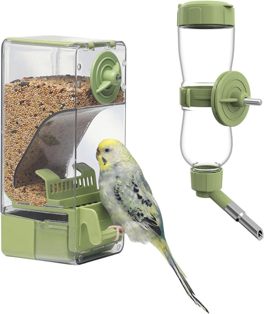 Bird Feeder Water Dispenser Set, Automatic Cage Feeder with Perch for Parakeet Canary Cockatiel Finch Budgie (Green)