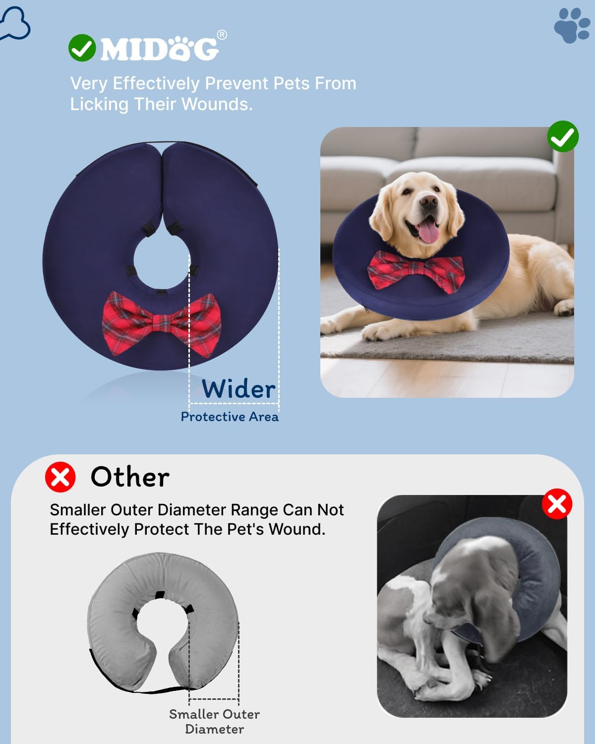 MIDOG Dog Cone Collar for Large Medium Dogs, Soft Inflatable Dog Cone Alternative After Surgery, Adjustable Protective Recovery Cone - Alternative E Collar Does Not Block Vision (Bow Tie,L)