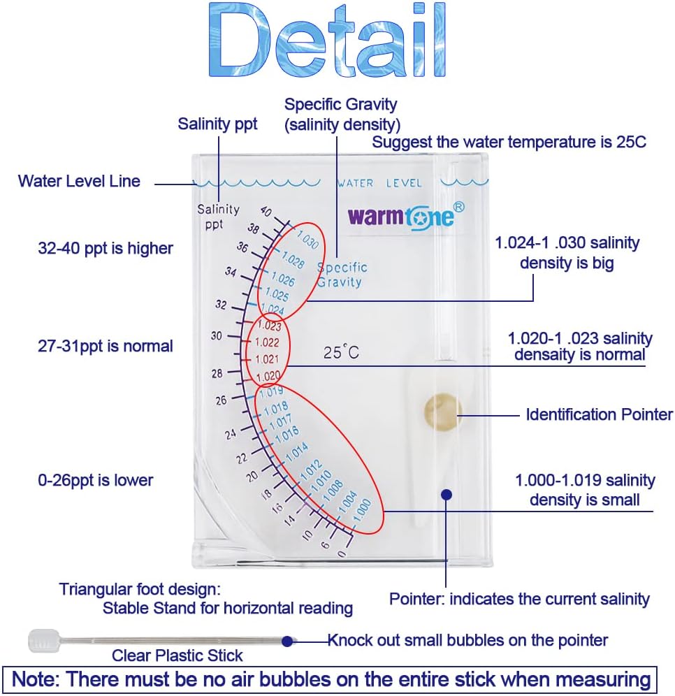 Abnaok Salinity Tester, Sea Specific Gravity Test for Fish Tank Pond Water Saltwater Freshwater, Accurate Automatic Hydrometer