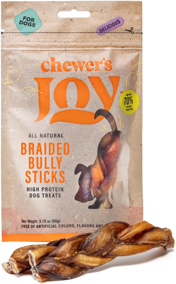 Chewer's Joy Braided Bully Sticks (3 Count) – Natural Dog Treats – Single Ingredient Long-Lasting Chews, High Protein