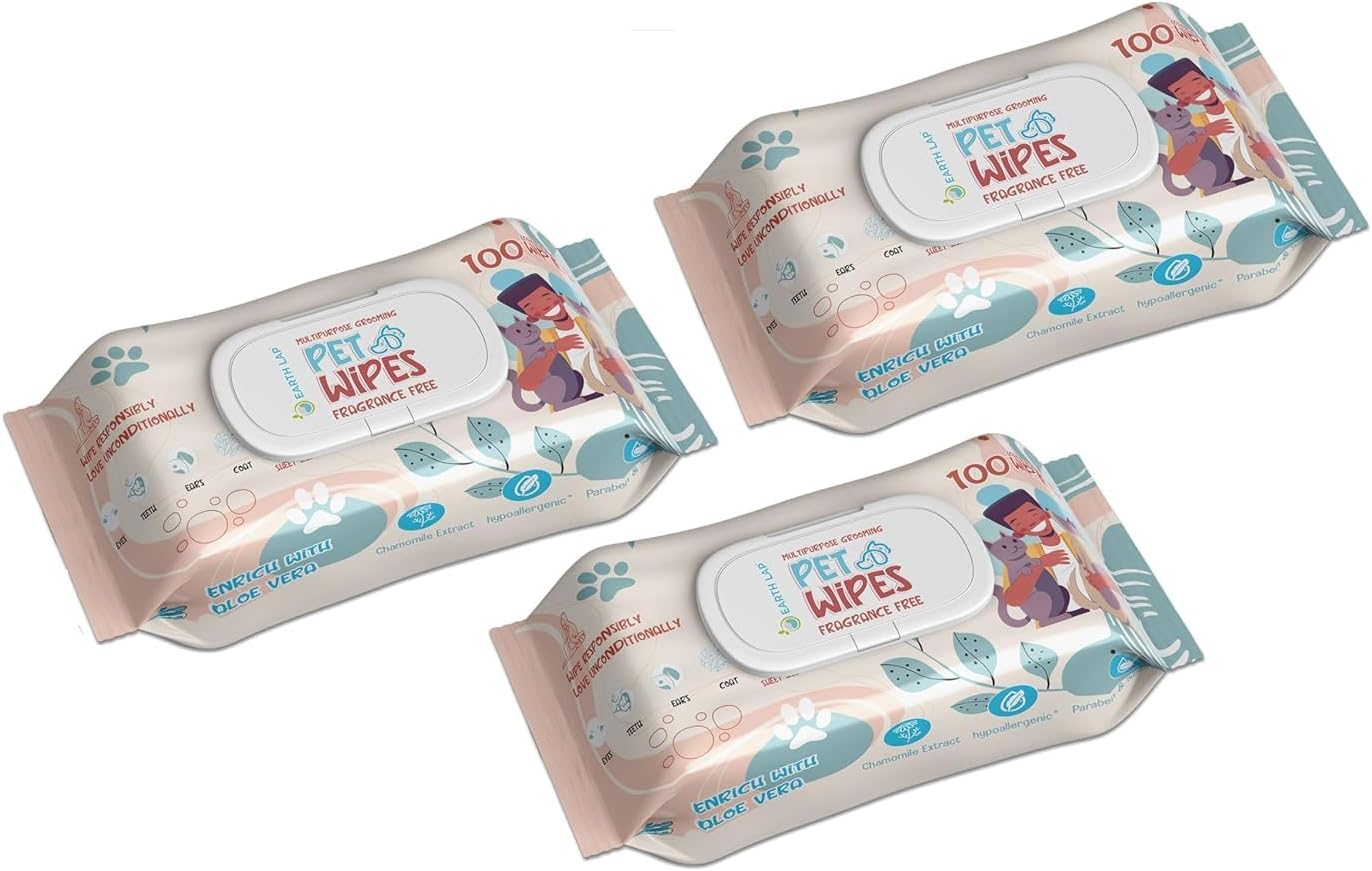 100% Biodegradable Premium Pet Wipes | Grooming Wet Wipes for Dogs, Cats, Puppies & Small Pets | Dry Bathing, Grooming Paws, Body, Ears and Butt, Fragrance-Free 300 Count (100 * 3 Pack)