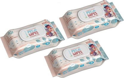 100% Biodegradable Premium Pet Wipes | Grooming Wet Wipes for Dogs, Cats, Puppies & Small Pets | Dry Bathing, Grooming Paws, Body, Ears and Butt, Fragrance-Free 300 Count (100 * 3 Pack)