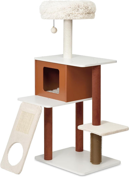 Premium 50in Modern Cat Tree with Solid Wood Frame - Multi-Level Activity Center for 3-5 Small to Medium Cats, Featuring Paper Rope Scratching Posts, Plush Top Perch, Enclosed Condo & Hanging Toy