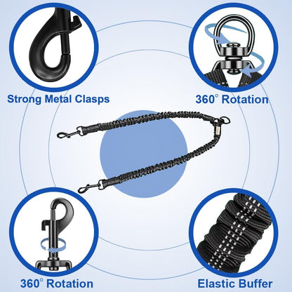 Double Dog Leash, Dual Dog Leash, 360° Swivel Tangle Free Bungee Walking Training for Large Medium Dogs, Shock Absorbing Bungee Reflective for Two Dogs, 18~120 lbs, Black