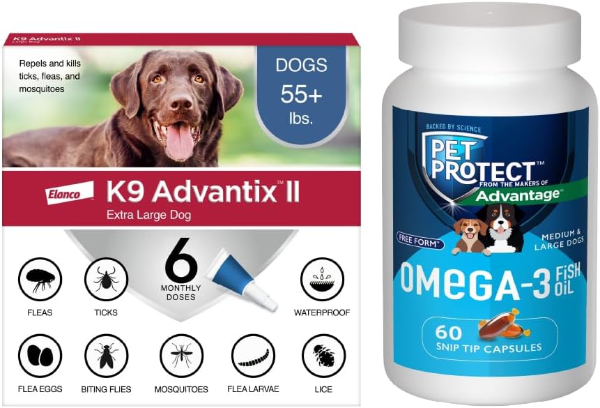 Bundle of K9 Advantix II XL Dog| Dogs Over 55 lbs. | 6-Mo Supply + Pet Protect Omega 3 Supplement for M/L Dogs | 60 Capsules