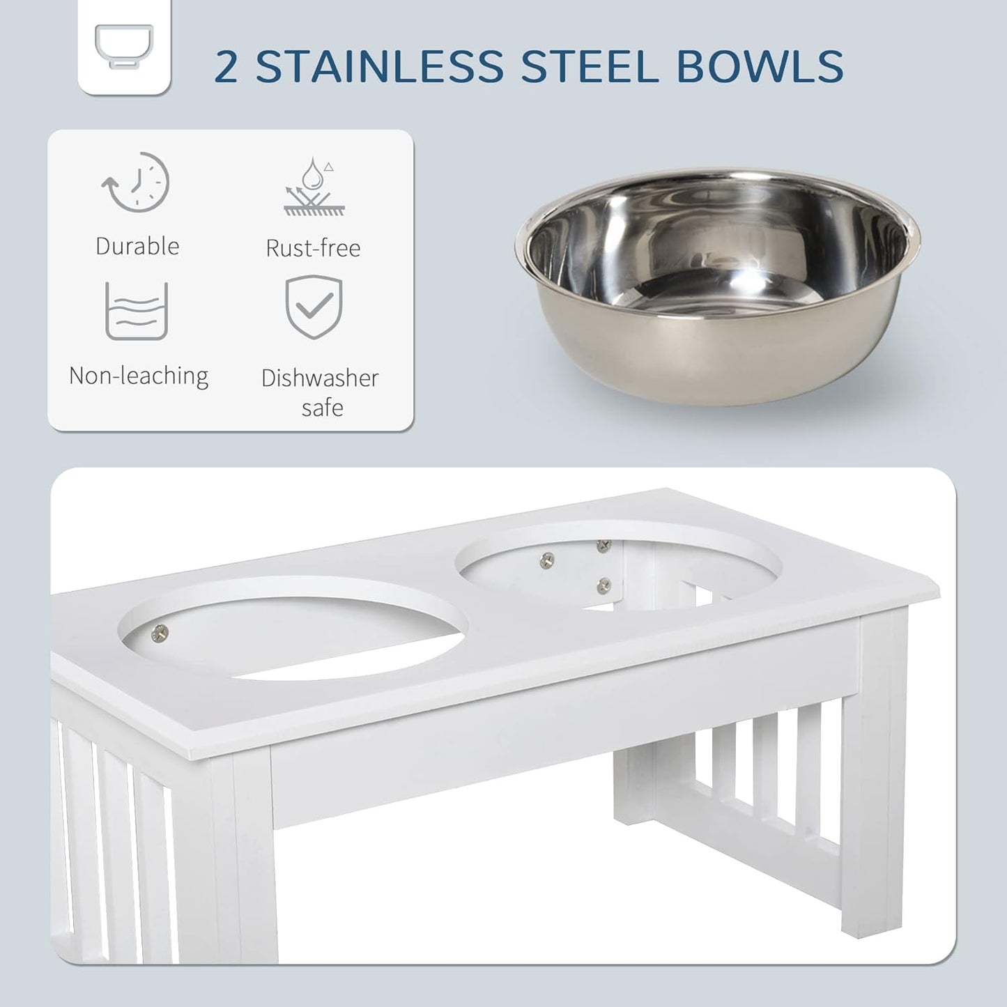 GREAZ Elevated Dog Feeding Station for Small Puppies, Stainless Steel Bowls & Modern Wooden Frame, White