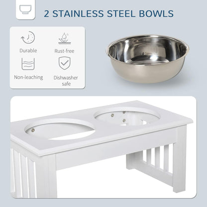 GREAZ Elevated Dog Feeding Station for Small Puppies, Stainless Steel Bowls & Modern Wooden Frame, White