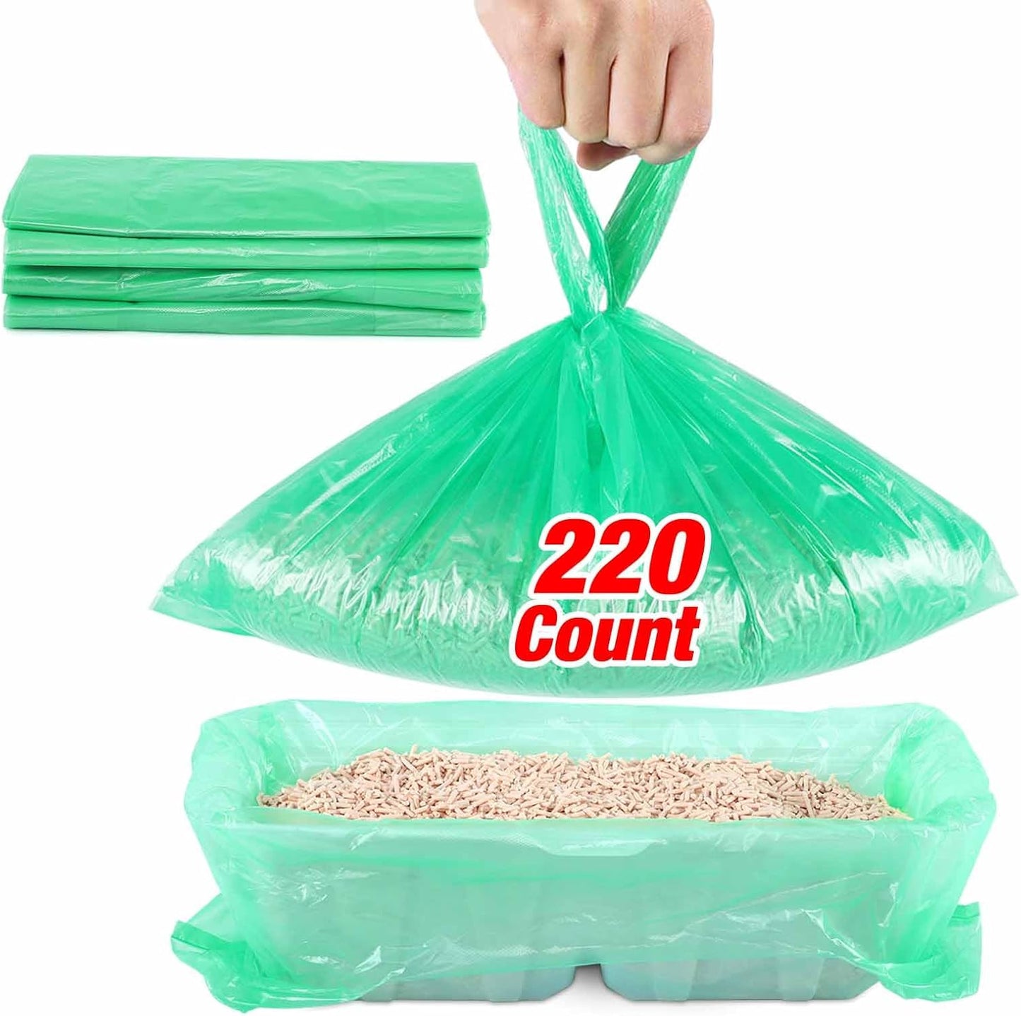 Litter Box Liners Compatible with LitterMaid/Nature's Miracle Waste Receptacles, Green Unscented 220 Refill Bags with Handles Use in Self-Cleaning Litter Box Waste Trays
