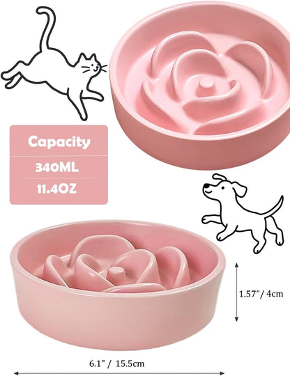 Ceramic Slow Feeder Cat Bowl, 6.1 Inch Pink Pet Food Dish for Small Dogs Puppies, Non-Slip Anti-Gulping Ceramic Dog Food Bowl, Cute Flower Design, 11.4oz Puppy Kitten Feeding Bowl