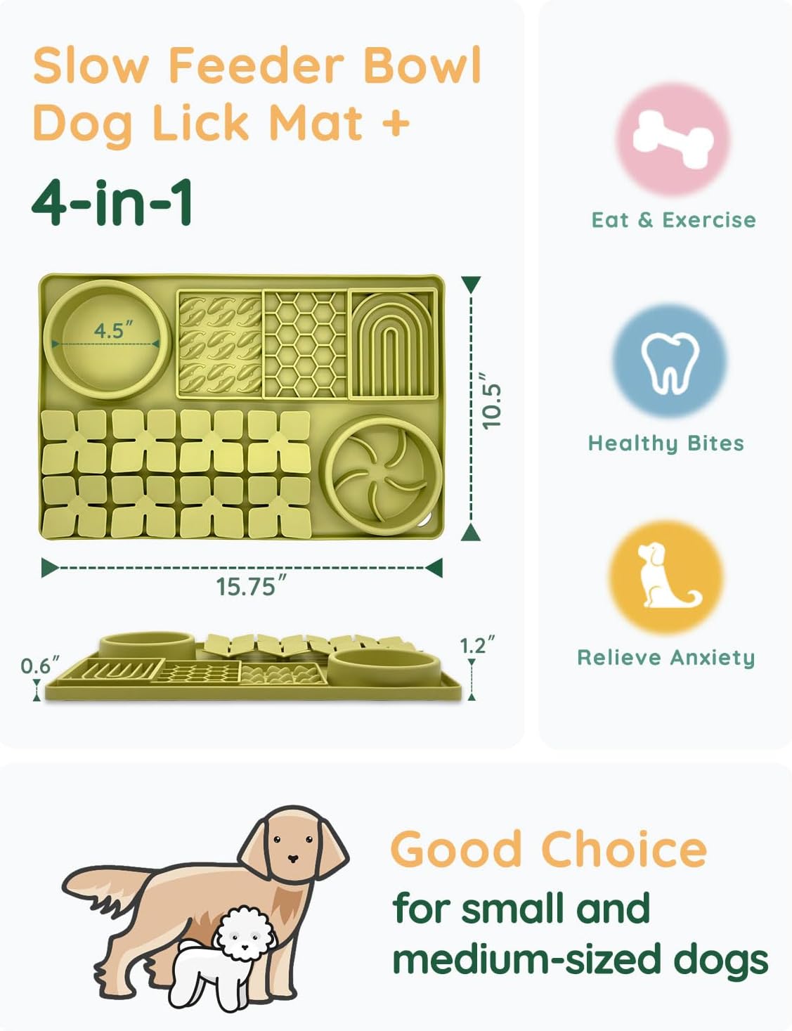 Slow Feeder Bowl Bundle: Green 4in1 Licking mat (15.75" x 10.5" x 1.2") + Green Starry Sky Feeder (4.3" x 2.9"), Silicone Lick mat with Suction Cups for Slow Eating and Keep Busy