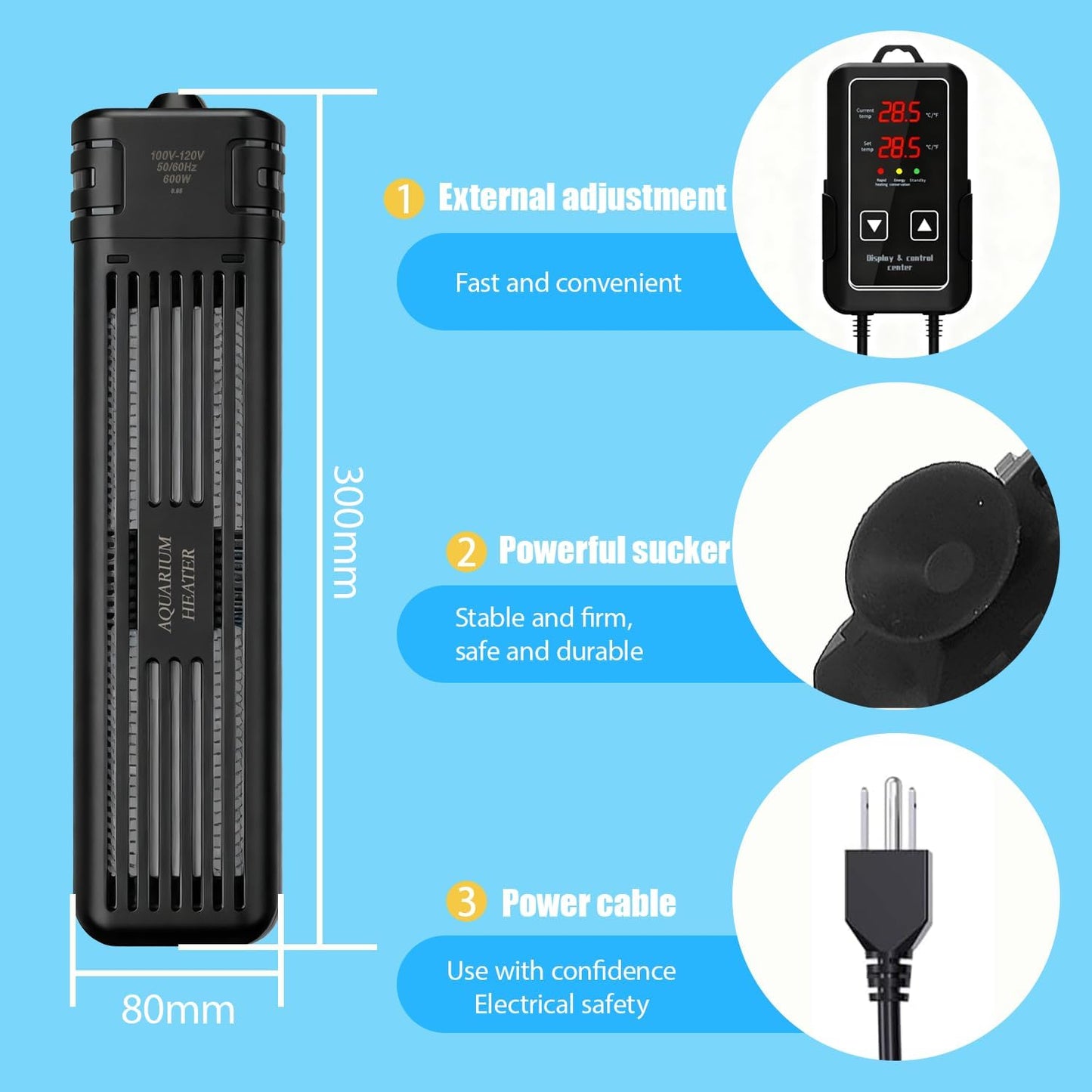 Aquarium Heater, Submersible Fish Tank Heater, 600W, LED Digital Display, 50-105 Gallons