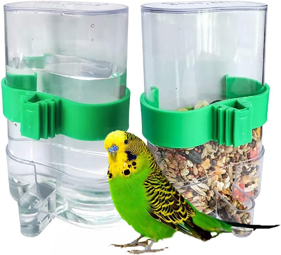 Clpoawc Bird Water Dispenser Outdoor No Mess Automatic Feeder,Parakeet Waterer for Cage,Food Container Bird Cage Accessories Hanging Outside for Lovebird Canary Finch Small Birds (2Pcs), Clear