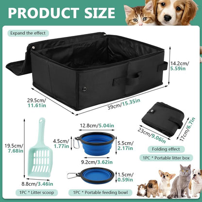 Travel Litter Box for Cats, Portable Litter Box with Scoop & Bowl, Leak Proof,Waterproof Collapsible Carrier for Car, Outdoor, Hotel
