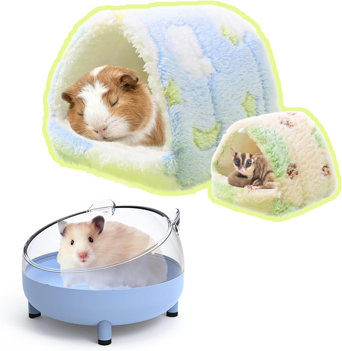 Meow&Woof 2 Pack Cozy Small Animal Beds with Hock, Winter Guinea Pig House, Hamster Sand Bath Container, Large Sandbox Toilet Gerbil Batheoom, Tiny Chinchilla Dust Bathtub Sand Bath Box for Hamster Ca