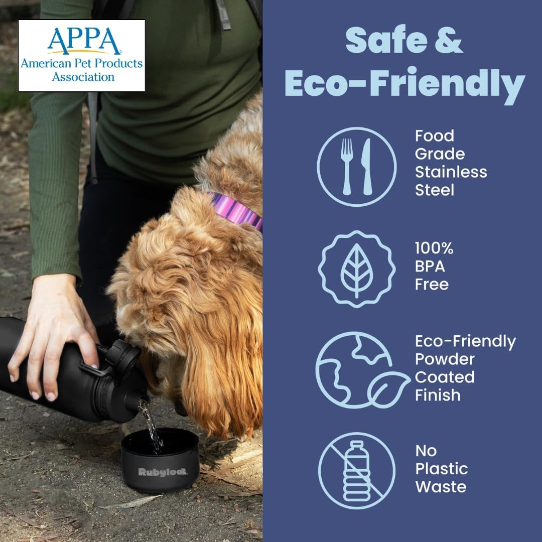 rubyloo Dog Mom Essentials Bundle - Puffer Tote with Storage Containers (Black) and 32 oz Water Bottle with Detachable Bowl (Solid Black) - Travel Bag and Hydration Set