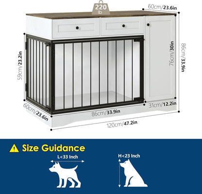 Wooden Dog Crate Furniture with Double Doors, 2 Drawers, and Storage Cabinet, Indoor Pet House and Modern Farmhouse Side End Table for Small to Medium Dogs, White