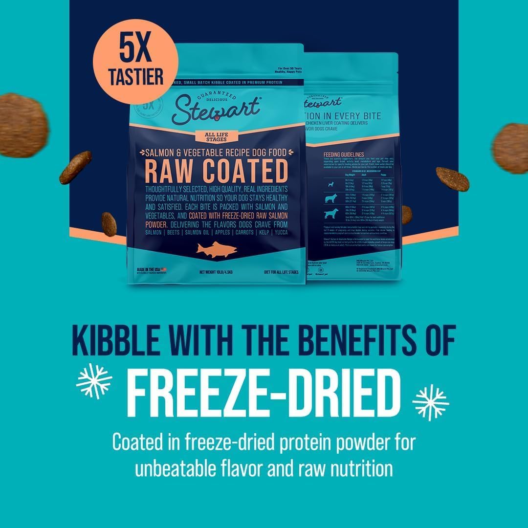 Stewart Raw Coated Dog Food, Salmon & Vegetable Recipe, 10 Pound Bag, Freeze Dried Salmon Powder Coating