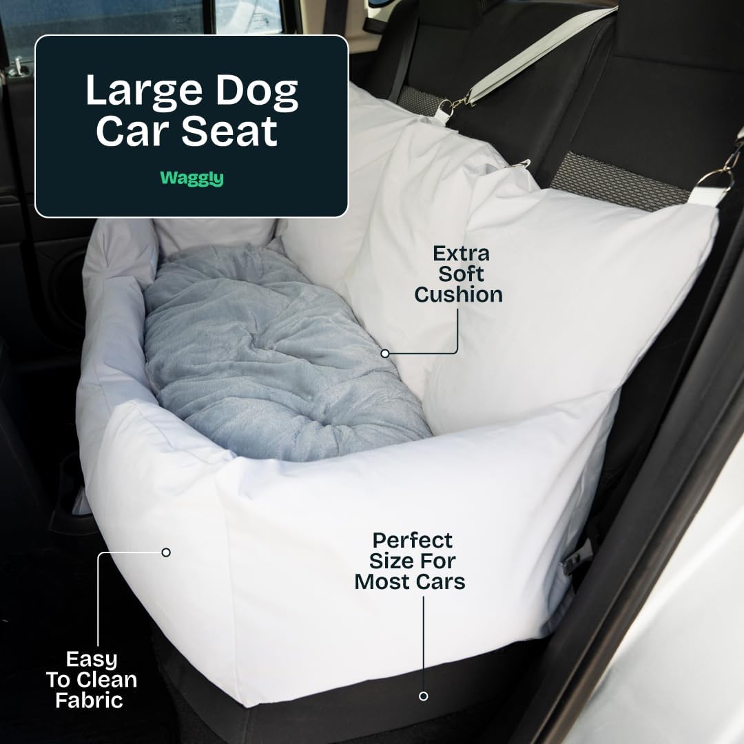 Large Dog Car Seat for Back Seat Travel | Dog Car Bed for Large Dogs with Safety Straps & Cushion Support by Waggly