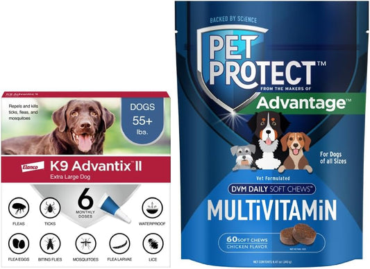 Bundle of K9 Advantix II XL Dogs Over 55 lbs. | 6-Mo Supply + Pet Protect Daily Multivitamin for Dogs | 60 Chews