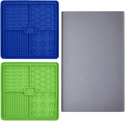 Gorilla Grip Dog and Cat Lick Mat 2 Pack and Silicone Pet Feeding Mat, Interactive Activity Toy Licking Pad 1 Royal 1 Green, 18.5x11.5 in Dog Cat Food Mat Contains Spills Gray Color, 2 Item Bundle