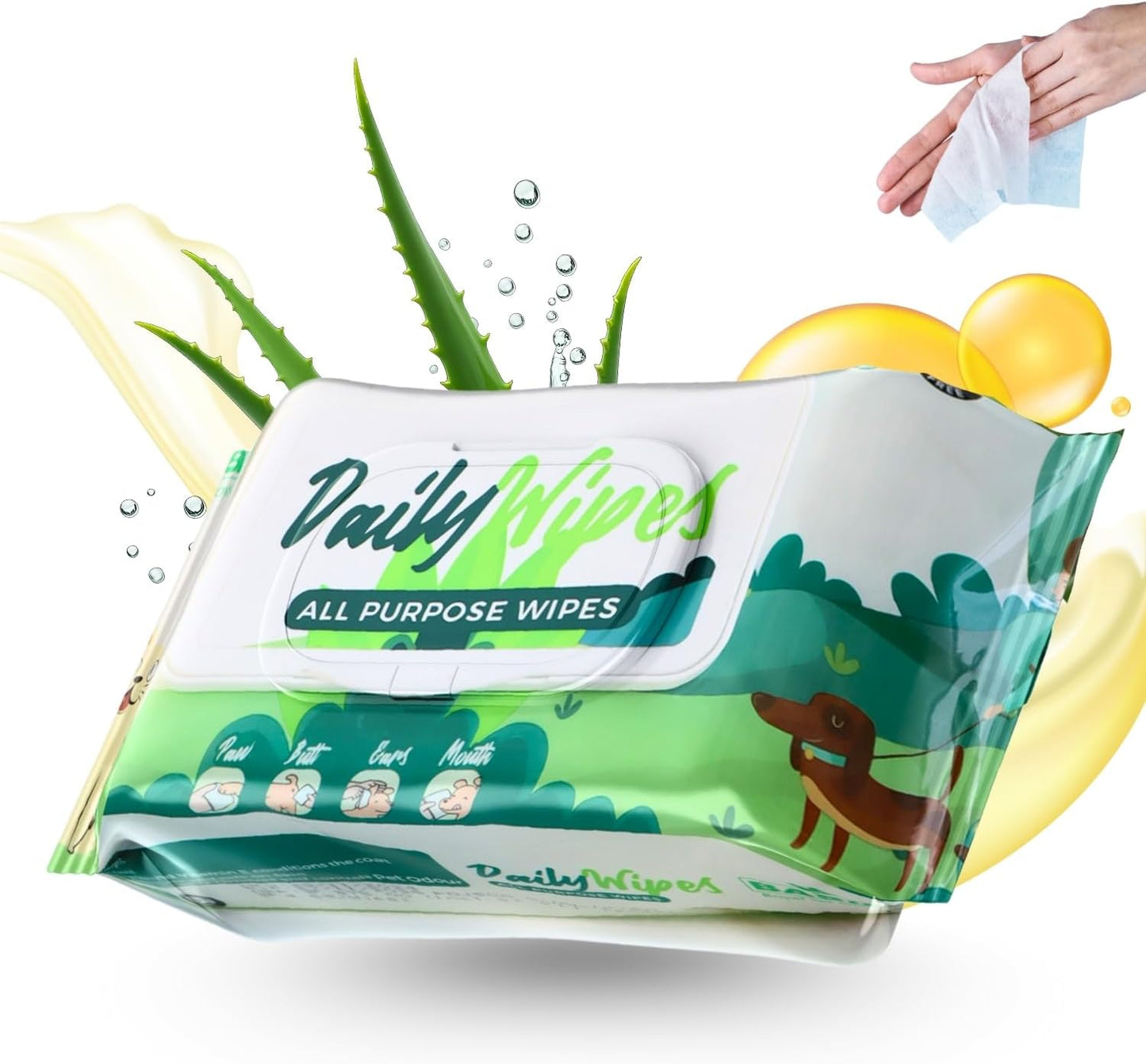 BASIL - Pet Grooming Wipes – 80 Count (8″ × 8″) | Aloe Vera, Vitamin E & Castor Oil Infused | Multi-Purpose Wipes for Dogs, Cats & Puppies | Cleans Paws, Ears, Mouth & Butt | Lemon Scent, Paraben-Free