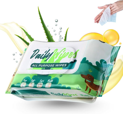 BASIL - Pet Grooming Wipes – 80 Count (8″ × 8″) | Aloe Vera, Vitamin E & Castor Oil Infused | Multi-Purpose Wipes for Dogs, Cats & Puppies | Cleans Paws, Ears, Mouth & Butt | Lemon Scent, Paraben-Free