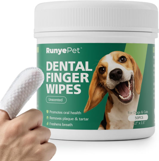 Pet Dental Finger Wipes for Dog & Cats, Remove Bad Breath by Removing Plaque and Tartar Buildup No-Rinse Dog Finger Toothbrush, Disposable Gentle Cleaning & Gum Care Pet Wipes, 50 Counts