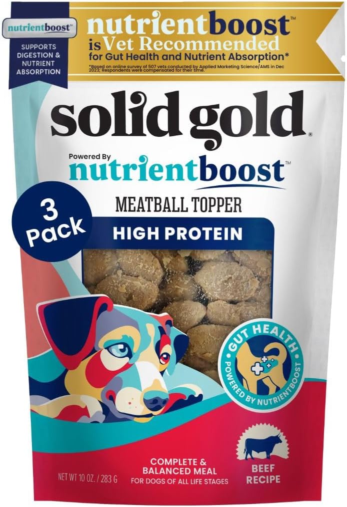 Solid Gold Meatball Dog Food Toppers for Dry Food- High Protein Beef Meatball Topper for Dogs - Complete Meal, Meal Mix in or Soft Dog Treats - Supports Gut Health - 3 Pack *Refrigerate After Opening*