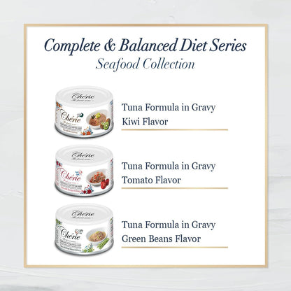 CHÉRIE Complete & Balanced Diet Series Wet Cat Food in Gravy Seafood Variety Pack, Tuna Entree with Natural Vegetables for Skin, Joint, Stomach, Urinary Tract Health, Grain-Free, 24 Pack, 2.8 oz. Can