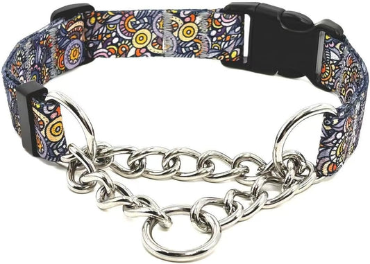 Martingale Dog Collar with Chain Stainless Steel, Nylon Dog Collar Flowers Pattern, Adjustable Training Walking Collar with Quick Release Buckle, Slip Chain Collar for Puppy Medium Large Dogs