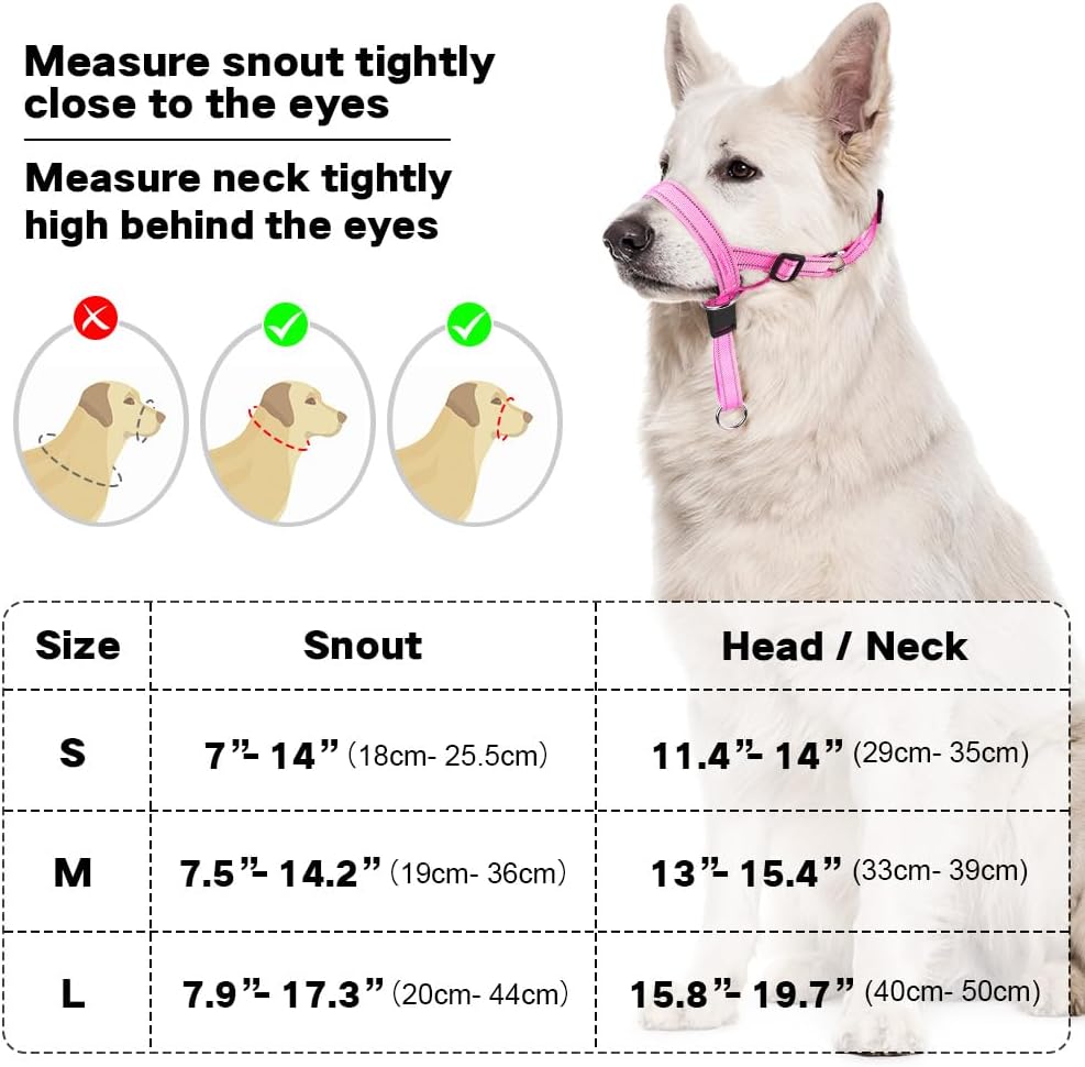 No-Pull Dog Headcollar - Reflective Halter Collar for Dogs, Padded Head Collar to Stop Heavy Pulling, Anti-Pull Muzzle Leash (Pink, Medium)