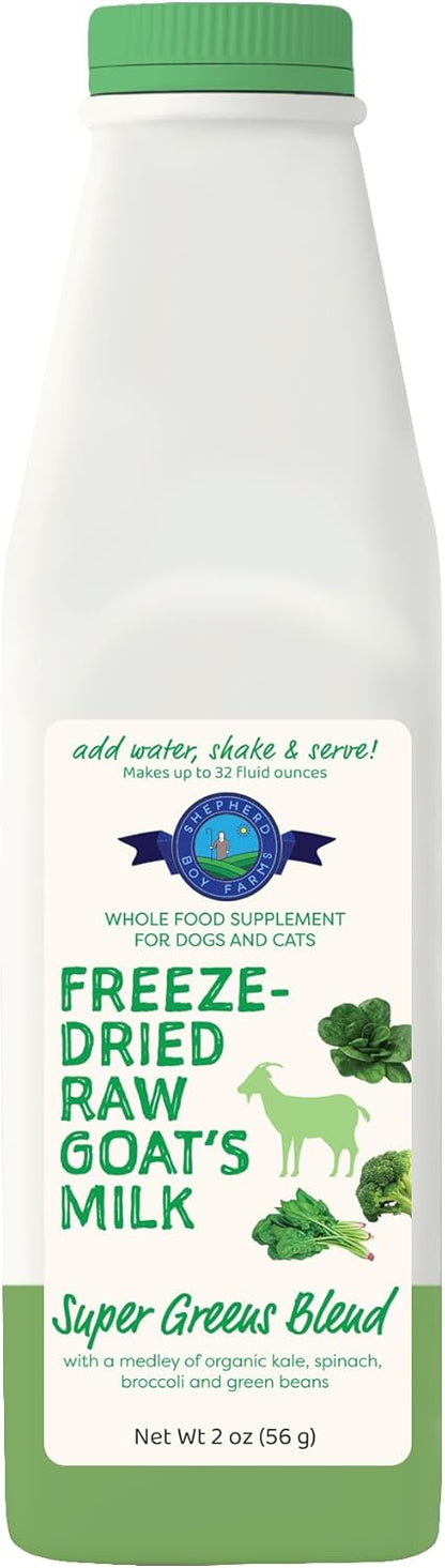 Shepherd Boy Farms Freeze Dried Raw Goats Milk with Probiotics for Dogs & Cats (Super Greens), Organic USA Veggies & Fruits, High Protein, Digestible Goat Milk Powder, Food Toppers - Makes 32 FL OZ