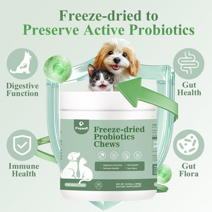 Freeze-Dried Probiotics Chews Supplement for Dogs & Cats, 5-in-1 Probiotic Blend for Digestive and Gut Health, 120ct/300g