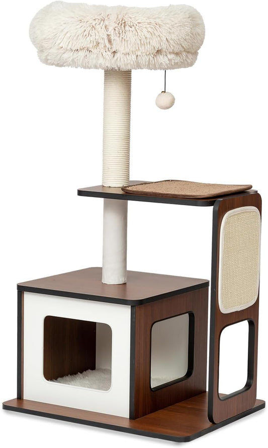 Cat Tree Tower for Small Cats, 41 Inch Wooden Multi-Level Cat Condo with Sisal Scratching Posts - Stable Activity Center, Plush Perch & Hanging Ball Toy