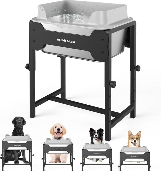 4-Height Adjustable Elevated Dog Water Bowl with Splash Guard, 2.5 Gallon No-Spill Large Capacity Raised Dog Water Bowl for Large & Medium Dogs, Non-Slip Stainless Steel Stand & Easy to Clean