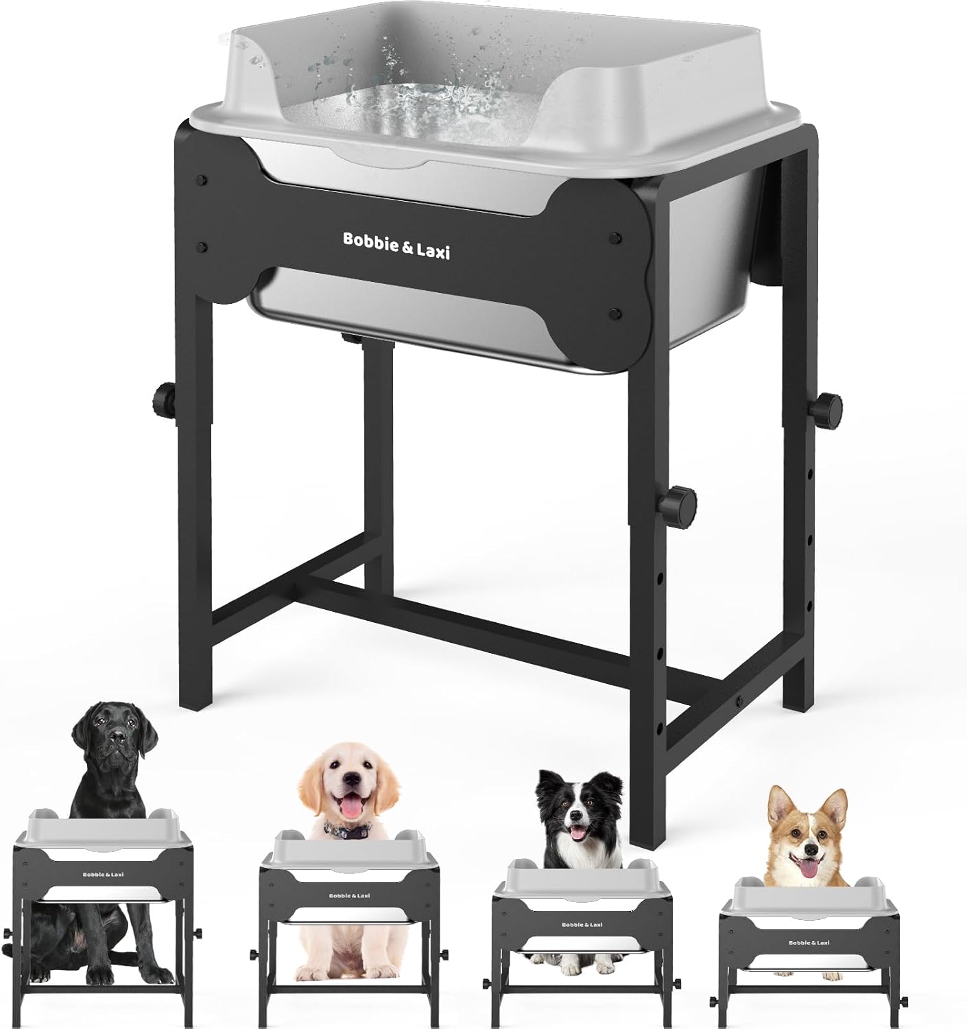 4-Height Adjustable Elevated Dog Water Bowl with Splash Guard, 2.5 Gallon No-Spill Large Capacity Raised Dog Water Bowl for Large & Medium Dogs, Non-Slip Stainless Steel Stand & Easy to Clean