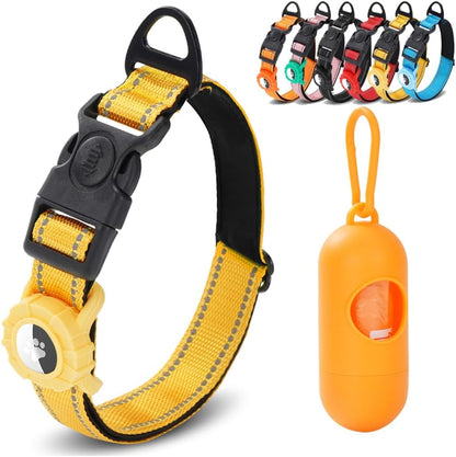 JSXD AirTag Dog Collar, Night Reflective Nylon Dog Collar for Small Medium Large Dogs,Lockable Quick Release Buckle,Padded Breathable Pet Collar with AirTag Holder (Yellow, Large)