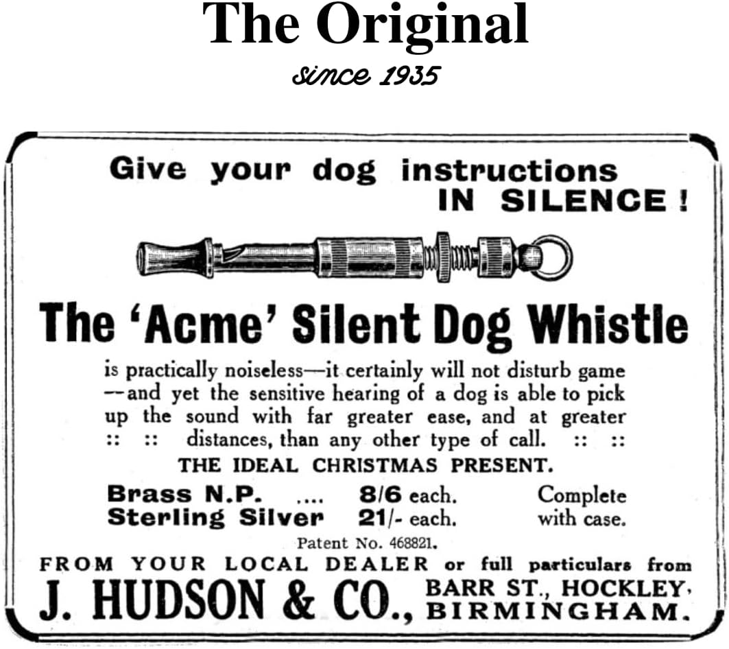 ACME original 'silent' dog training whistle no. 535. Adjustable frequency. Instruction leaflet included. Made in the UK. Good sound quality. Weather-proof. Solid brass with nickel plated finish
