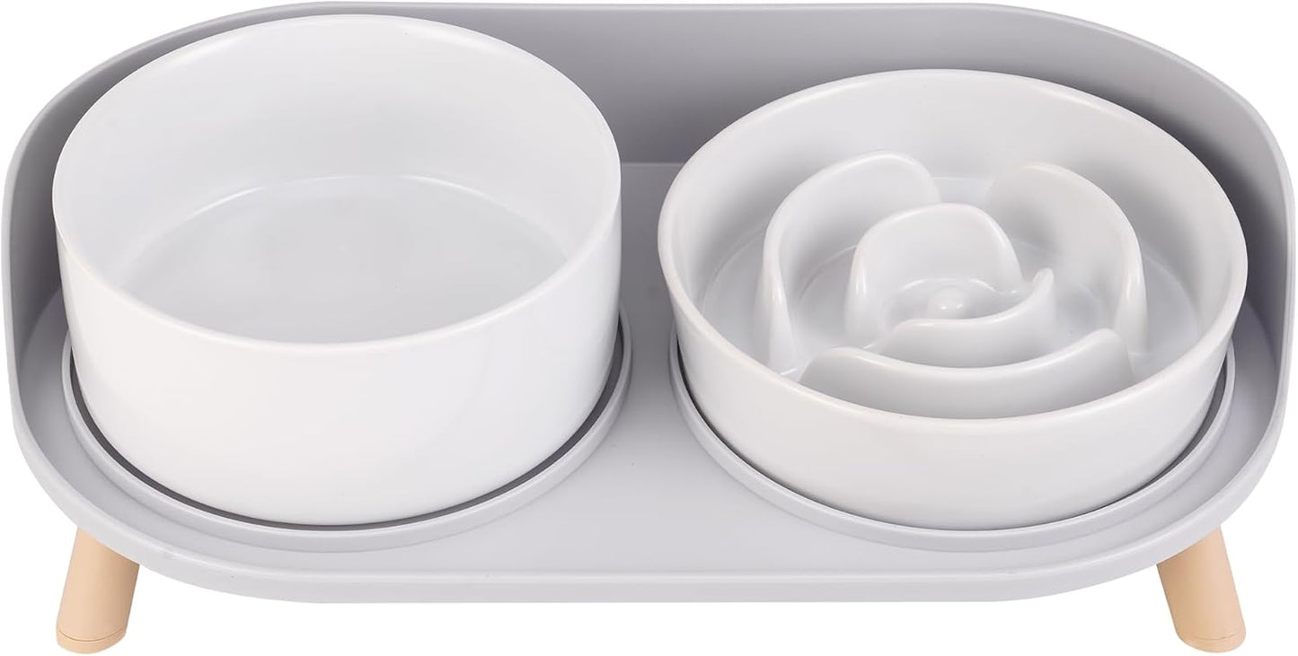 Elevated Slow Feeder Dog Bowls - Ceramic Food and Water Bowl Set with Stand - Raised Pet Dishes for Small and Medium Sized Dogs