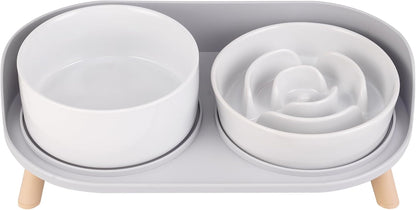 Elevated Slow Feeder Dog Bowls - Ceramic Food and Water Bowl Set with Stand - Raised Pet Dishes for Small and Medium Sized Dogs