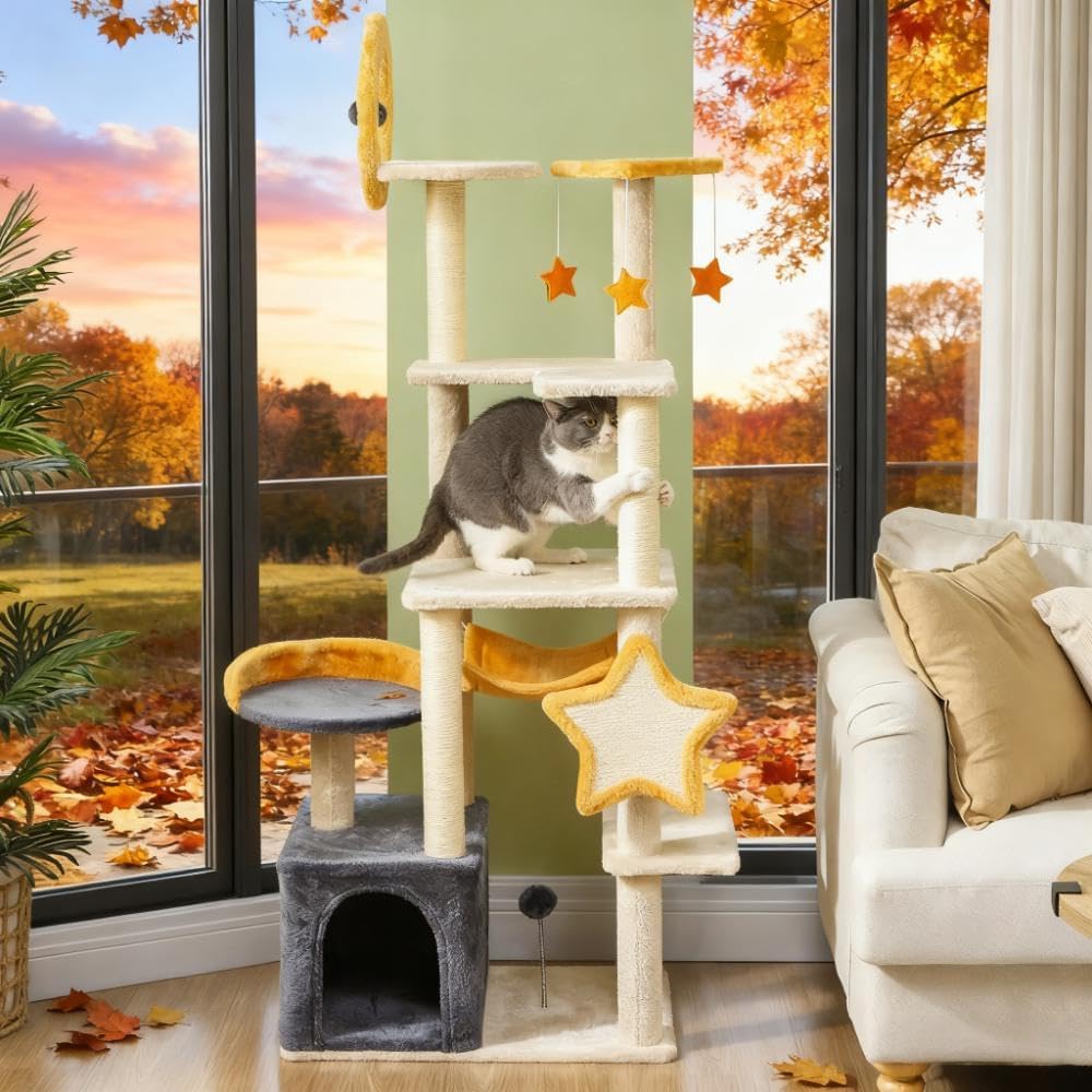 63'' Moon & Star Themed Cat Tree Tower for Indoor Cats - Extra Tall Cat Condo with Plush Bed, 5-Tier Platform, Multiple Cat Scratching Posts & Anti-Tip Design (Supports 1-2 Cats Up to 11 lbs)