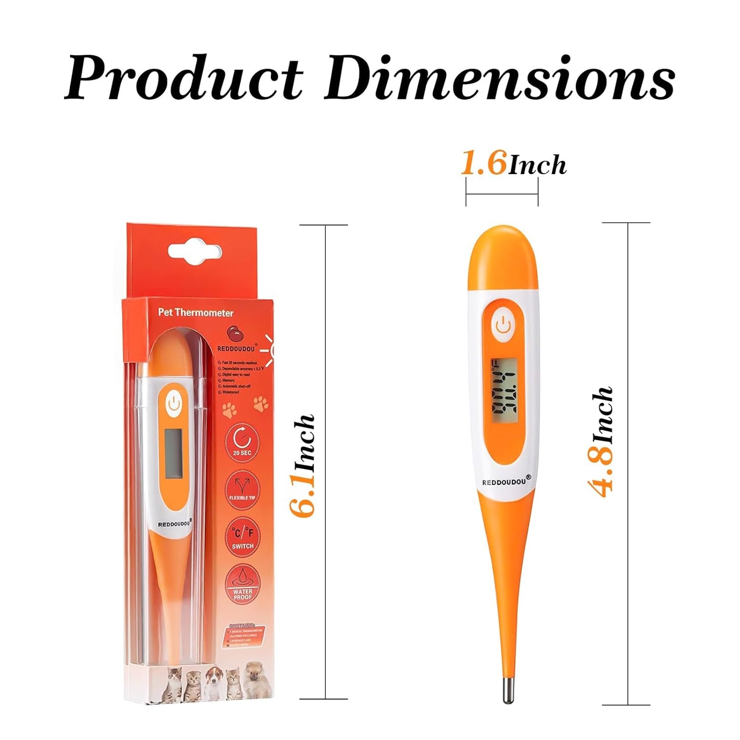 Digital Pet Thermometer for Accurate Fever Detection, Suitable for Cats/Dogs/Horse/Veterinarian, Waterproof Pet Thermometer, Fast and Accurate Measurements in 20 Seconds (Orange)