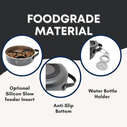 Black Slow Feeder 3-in-1 Travel Dog Bowl Set – 30 OZ Stainless Steel + 20 OZ Collapsible BPA-Free Silicone Bowl Lid | Silicon Slow Feeder Insert | Non-Slip, Anti-Choking|, Carabiner | We give Back