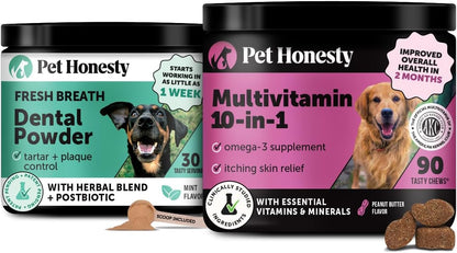Multivitamin for Dogs + Dental Powder for Teeth Cleaning & Plaque Removal, Glucosamine, Probiotics, Omega Fish Oil, Vitamins for Skin, Coat, and Allergies